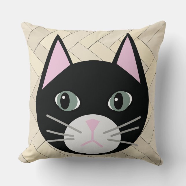 Black Cat Herringbone Beige Throw Pillow (Front)