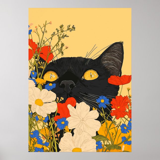 Black Cat Hiding Among Flowers Poster (Front)