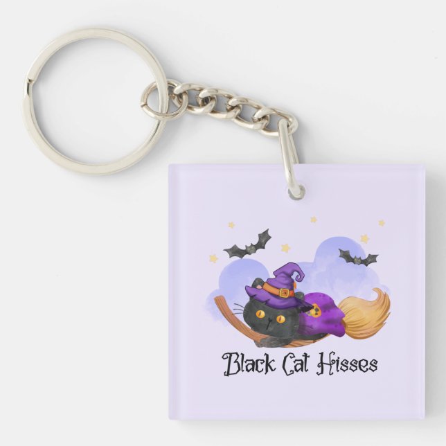 Black Cat Hisses – Halloween Witch Cat Keychain (Front)
