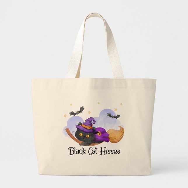 Black Cat Hisses – Halloween Witch Cat Large Tote Bag (Front)