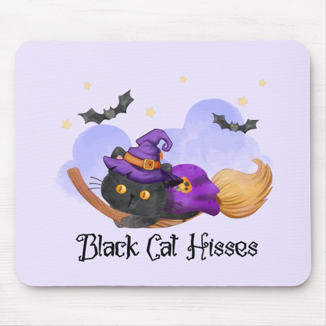 Black Cat Hisses – Halloween Witch Cat Mouse Pad (Front)