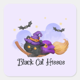 Black Cat Hisses – Halloween Witch Cat Square Sticker