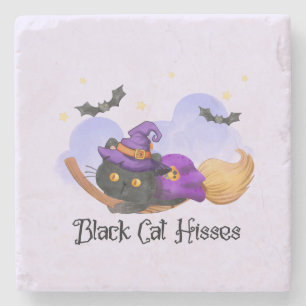Black Cat Hisses – Halloween Witch Cat Stone Coaster