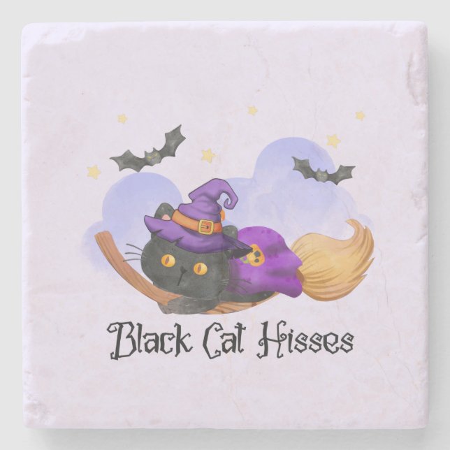 Black Cat Hisses – Halloween Witch Cat Stone Coaster (Front)