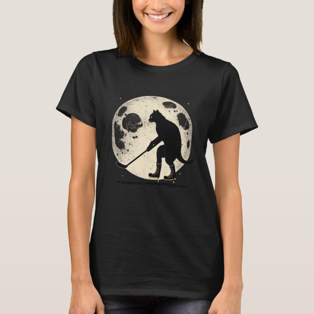 Black Cat Hockey Moon Graphic Tees Men Women Boys  (Front)