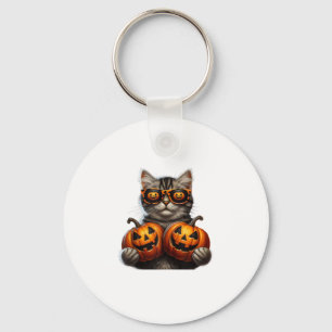 Black Cat Holding Pumpkin Halloween Cat Lovers Wom Keychain