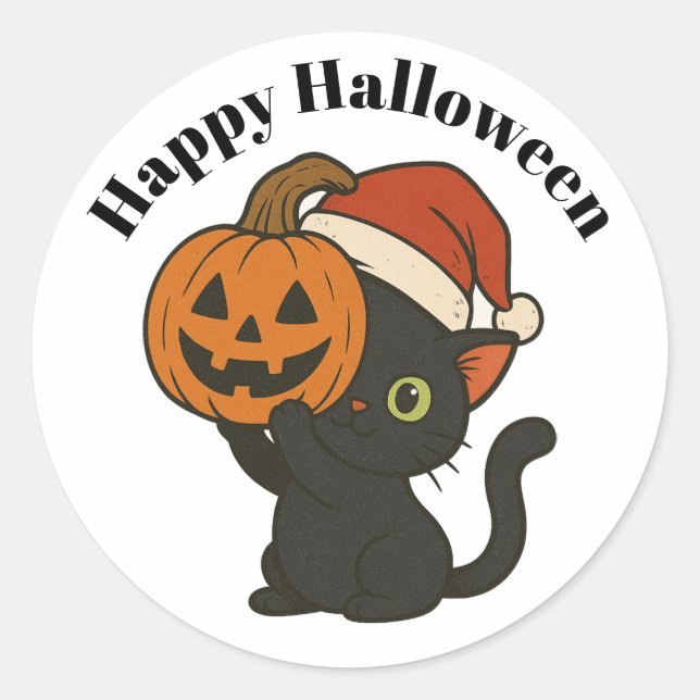 Black Cat Holding Pumpkin Halloween  Classic Round Sticker