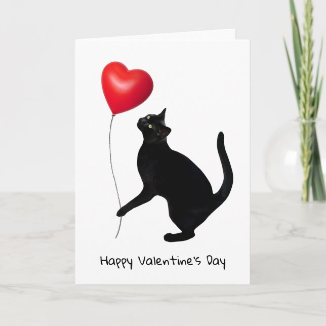 Black Cat Holding Red Heart Balloon Valentine Card (Front)