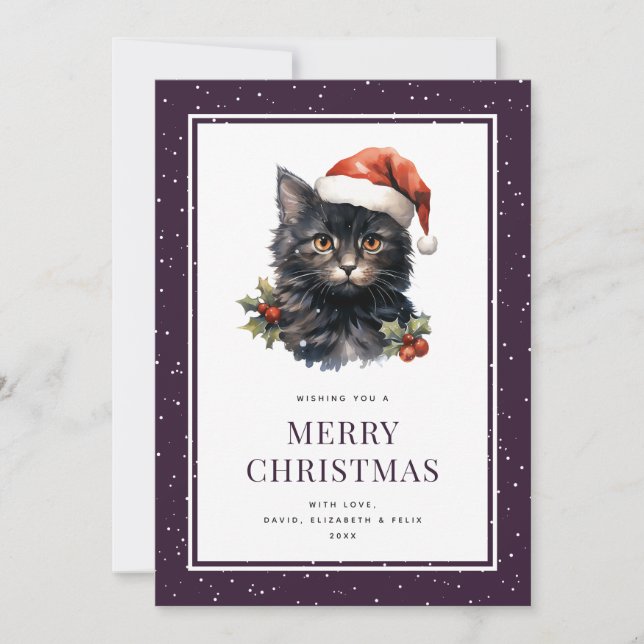 Black Cat Holly Berries Snow Joyeux Noël Carte (Devant)