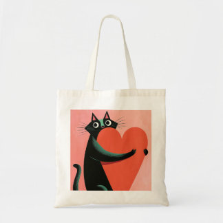 Black Cat Hugging Heart Retro Cat Lover Tote Bag