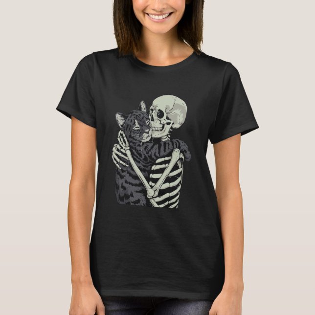 Black Cat Hugging Skeleton Halloween T-Shirt (Front)