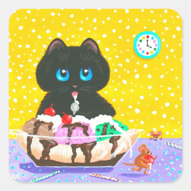 Black Cat Ice Cream Creationarts Square Sticker (Devant)