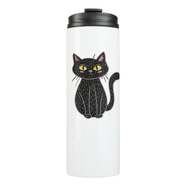 Black Cat Illustration, Doodle Cute Cat Classic T- Thermal Tumbler (Front)
