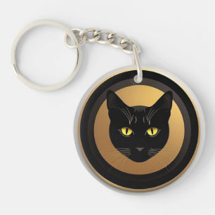 Black Cat Illustration on Golden Circle Keychain