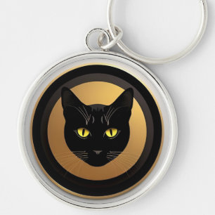 Black Cat Illustration on Golden Circle Keychain