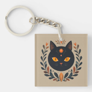 Black Cat Illustration with Vibrant Eyes Keychain