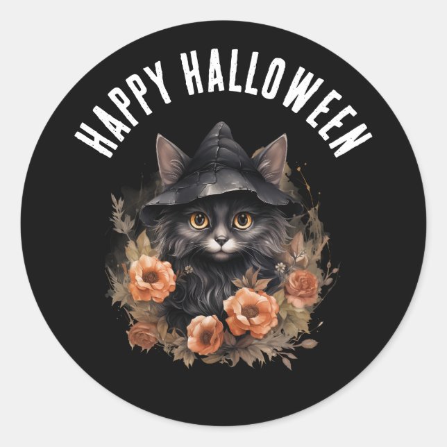 Black Cat in a Black Witch's Hat Halloween Classic Round Sticker (Front)