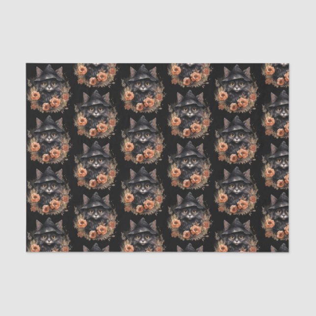 Black Cat in a Black Witch's Hat Halloween Pattern Tissue Paper (Front)
