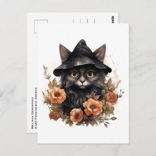 Black Cat in a Black Witch's Hat Halloween Postcard