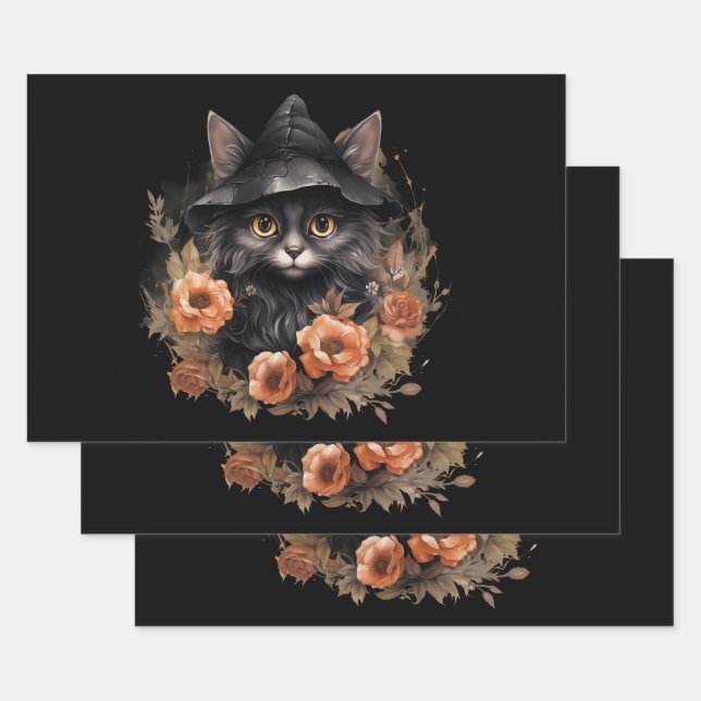 Black Cat in a Black Witch's Hat Halloween Wrapping Paper Sheet (Set)