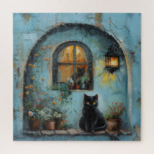 Black Cat in a Blue Alcove Jigsaw Puzzle