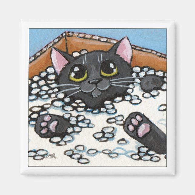 Black Cat in a Box of Packing Peanuts | Cat Magnet (Front)