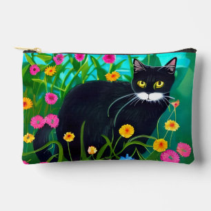 Black Cat in a Colourful Flower Garden Accessory Pouch
