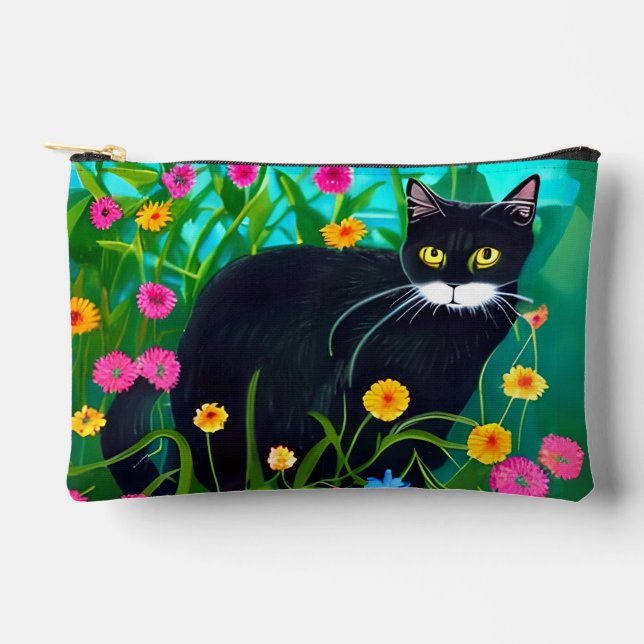 Black Cat in a Colourful Flower Garden Accessory Pouch (Front)
