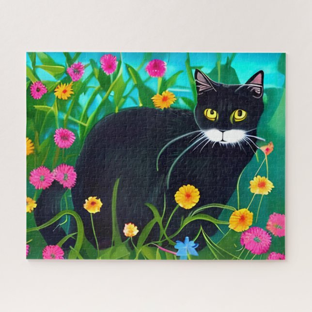 Black Cat in a Colourful Flower Garden Jigsaw Puzzle (Horizontal)