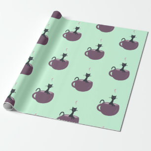 Black Cat in a Cup Green Wrapping Paper