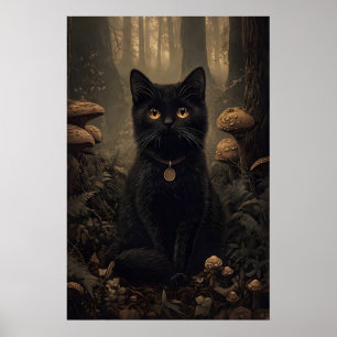 Black cat in a dark autumn forest with mushrooms poster