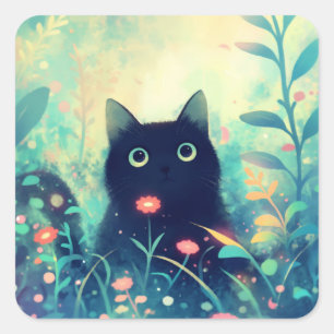 Black Cat in a Dreamy Forest of Lights Square Sticker