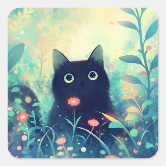 Black Cat in a Dreamy Forest of Lights Square Sticker (Front)