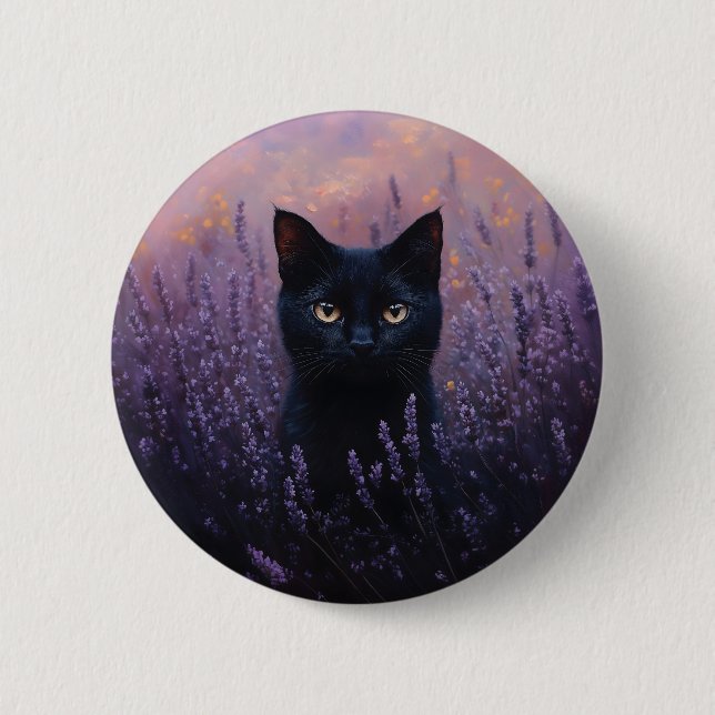 Black Cat in a Lavender Field Illustration 2 Inch Round Button (Front)
