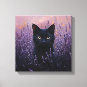 Black Cat in a Lavender Field Illustration Canvas Print