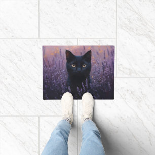 Black Cat in a Lavender Field Illustration Doormat