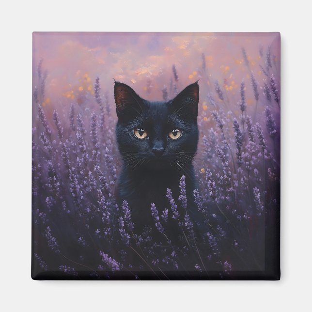 Black Cat in a Lavender Field Illustration Magnet (Front)