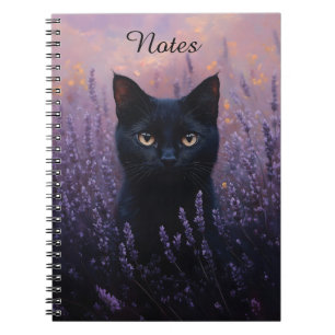 Black Cat in a Lavender Field Illustration Notebook