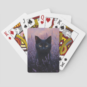 Black Cat in a Lavender Field Illustration Playing Cards