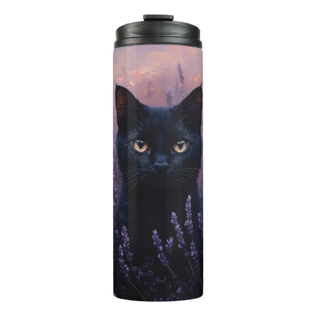 Black Cat in a Lavender Field Illustration Thermal Tumbler (Front)
