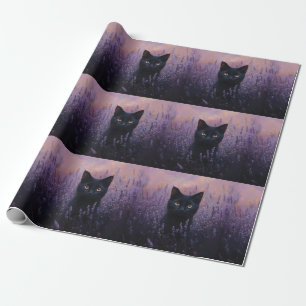 Black Cat in a Lavender Field Illustration Wrapping Paper