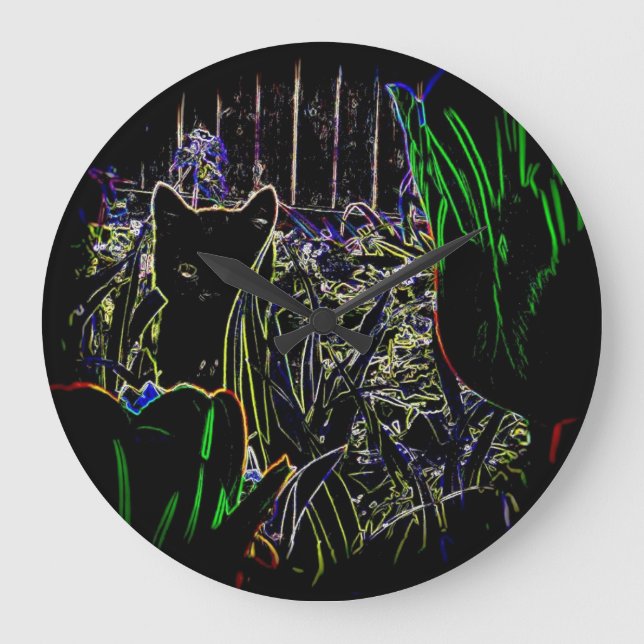 Black Cat in A Neon Garden Wall Clock (Front)