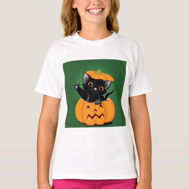 Black Cat In A Pumpkin Girls T-Shirt (Front)