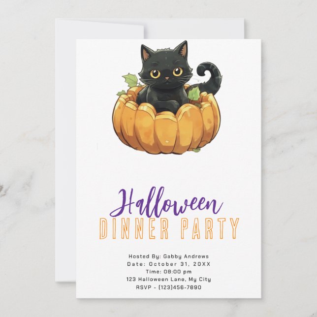 Black Cat in a Pumpkin Halloween Dinner Party Invitation (Front)