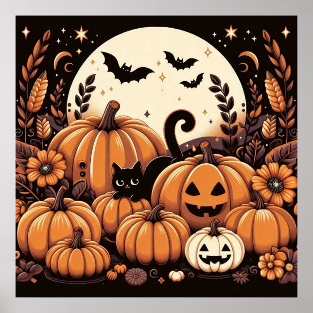 Black Cat in a Pumpkin Patch  Poster (Front)