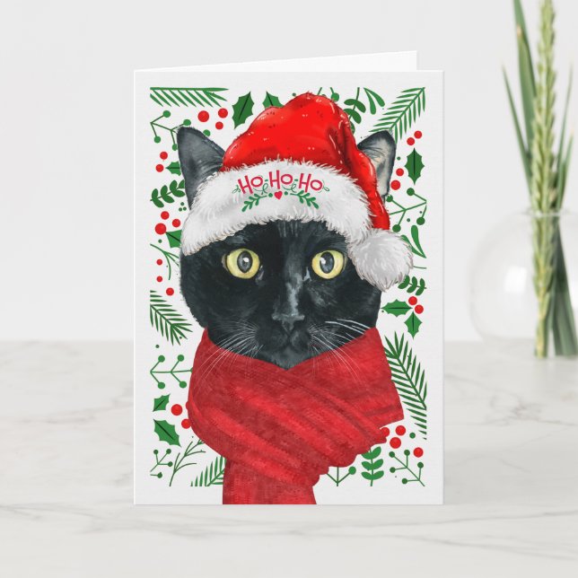 Black Cat in a Santa Hat Meowy Christmas Holiday Card (Front)