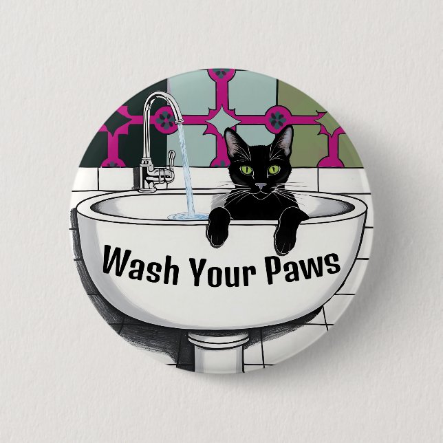 Black Cat in a Sink, Wash roo, washing paws 2 Inch Round Button (Front)