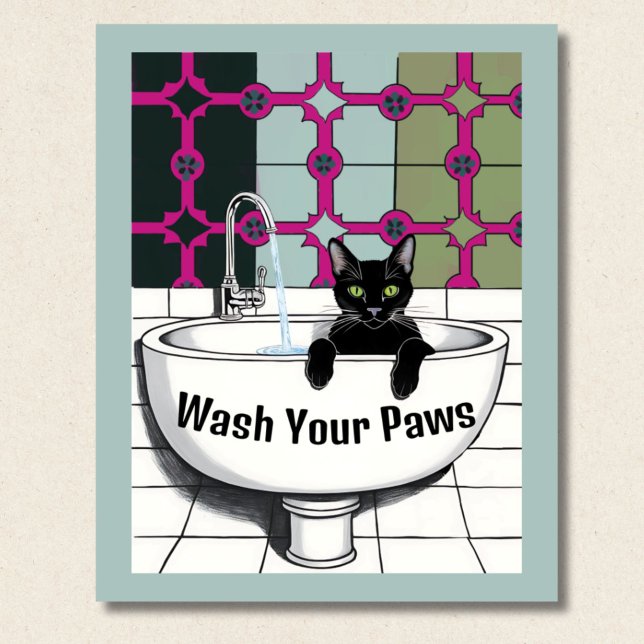 Black Cat in a Sink, Wash room, washing paws Poster (Creator Uploaded)
