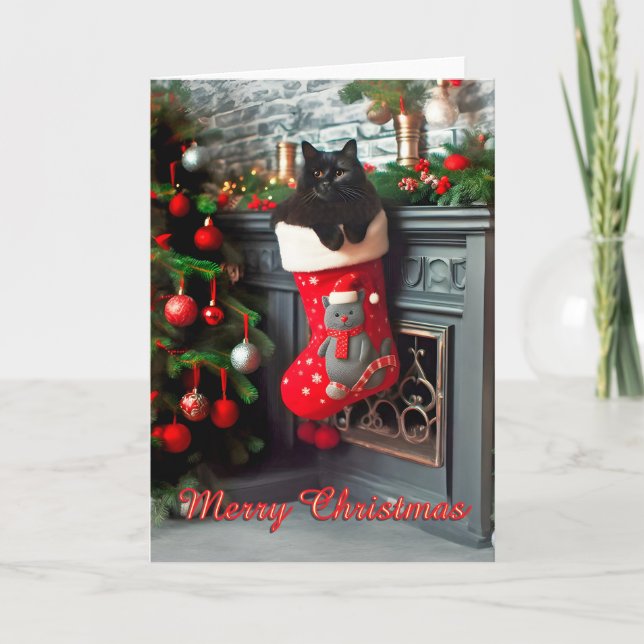 Black Cat in a Stocking on Mantle Christmas Card (Front)