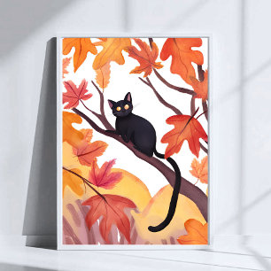 Black Cat in a Tree   Fall Autumn Spooky Cute Poster